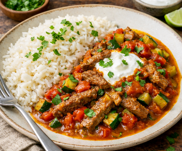 A plate of Beef Curry made with strips of lean beef rump with onions, garlic, courgettes and tinned tomatoes in a Madras curry sauce served with fluffy white Basmati rice and garnished with yogurt and corriander.