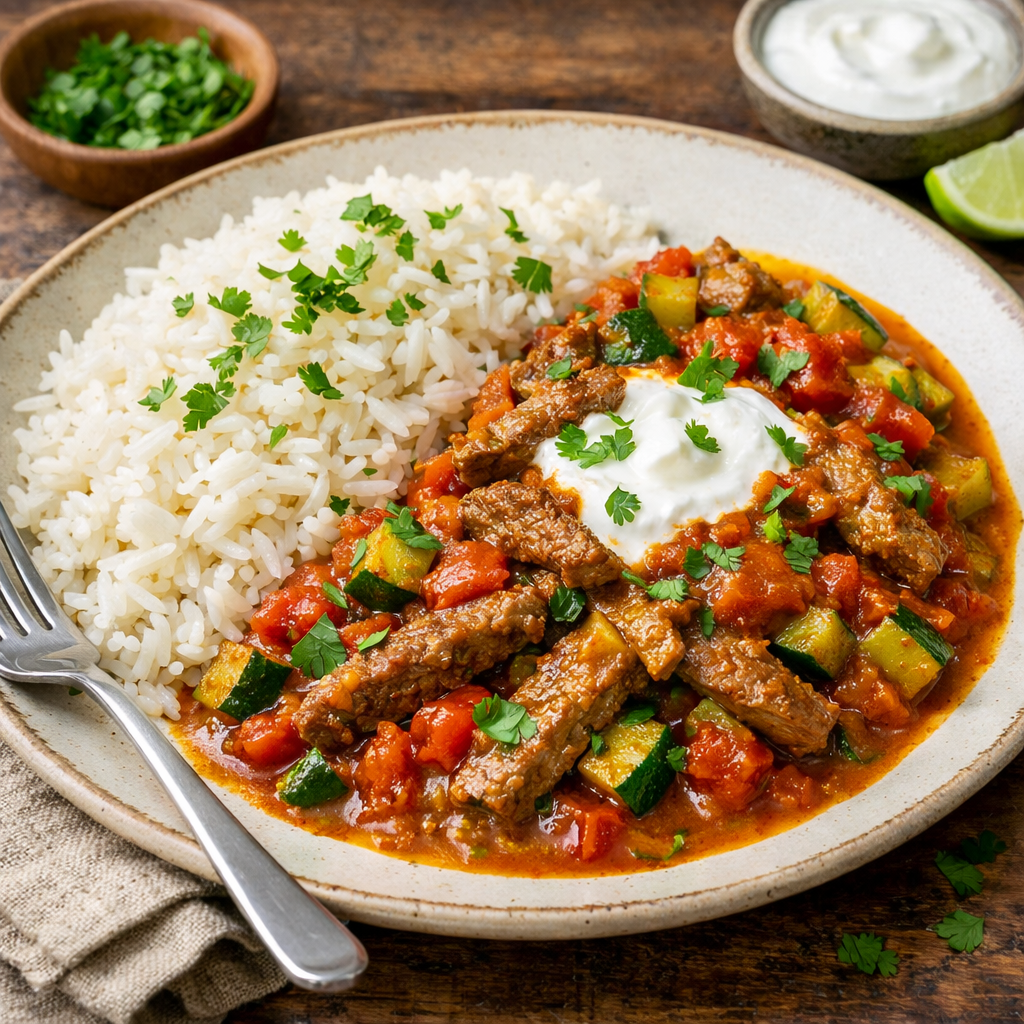 A plate of Beef Curry made with strips of lean beef rump with onions, garlic, courgettes and tinned tomatoes in a Madras curry sauce served with fluffy white Basmati rice and garnished with yogurt and corriander.