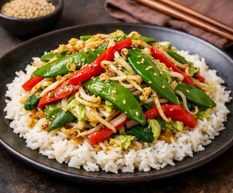 A round black plate with a stir-fry of mange tout, red pepper, chinese cabbage, onion and mung beansprouts sat on a bed of fluffy white Basmati rice with a ginger and sesame flavoured marinade.