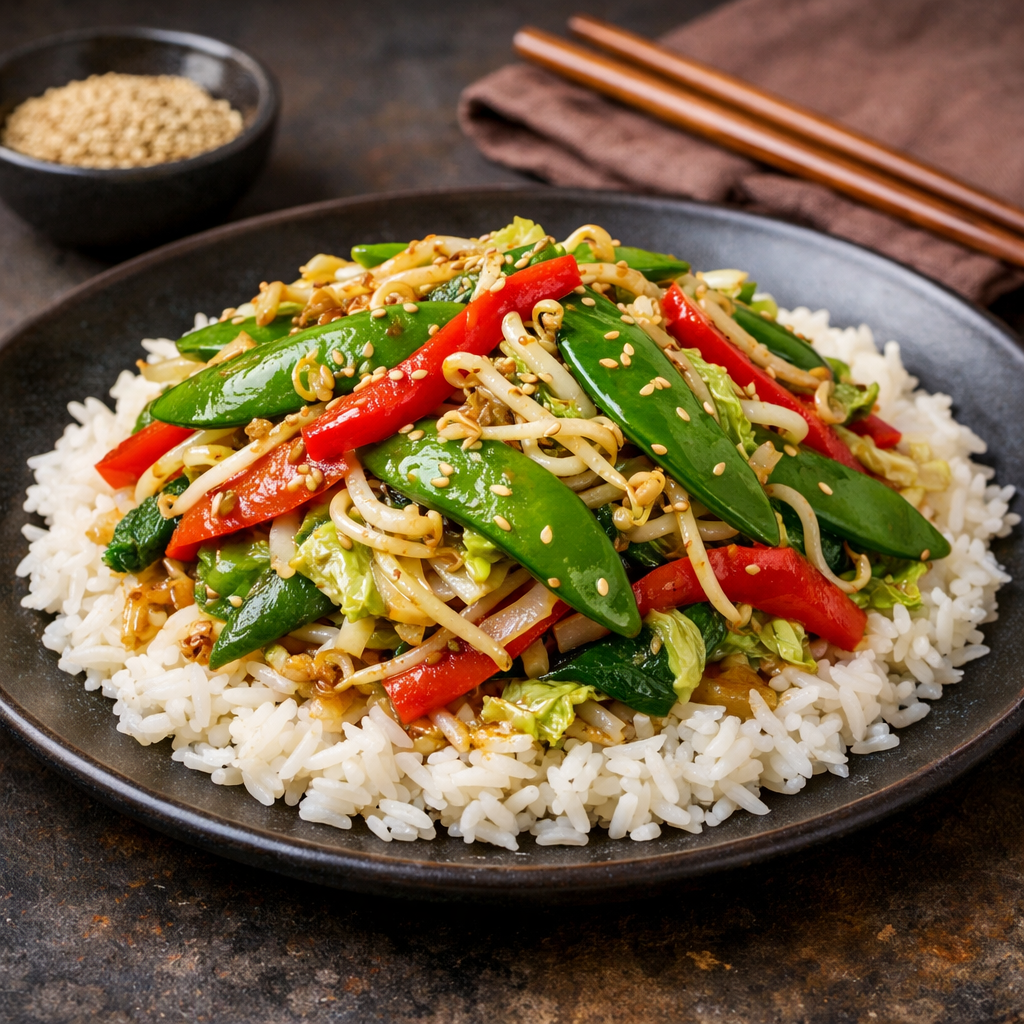 A round black plate with a stir-fry of mange tout, red pepper, chinese cabbage, onion and mung beansprouts sat on a bed of fluffy white Basmati rice with a ginger and sesame flavoured marinade.