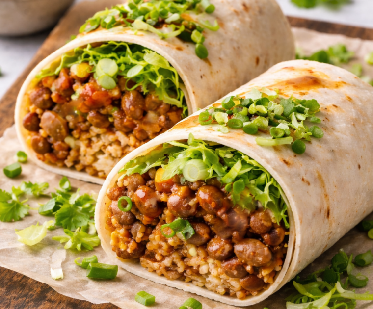 Pinto Bean Burritos are a filling of pinto beans, chillis, tomatoes and garlic topped with shredded lettuce and spring onions in a tortilla wrap