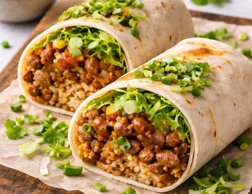 Pinto Bean Burritos are a filling of pinto beans, chillis, tomatoes and garlic topped with shredded lettuce and spring onions in a tortilla wrap