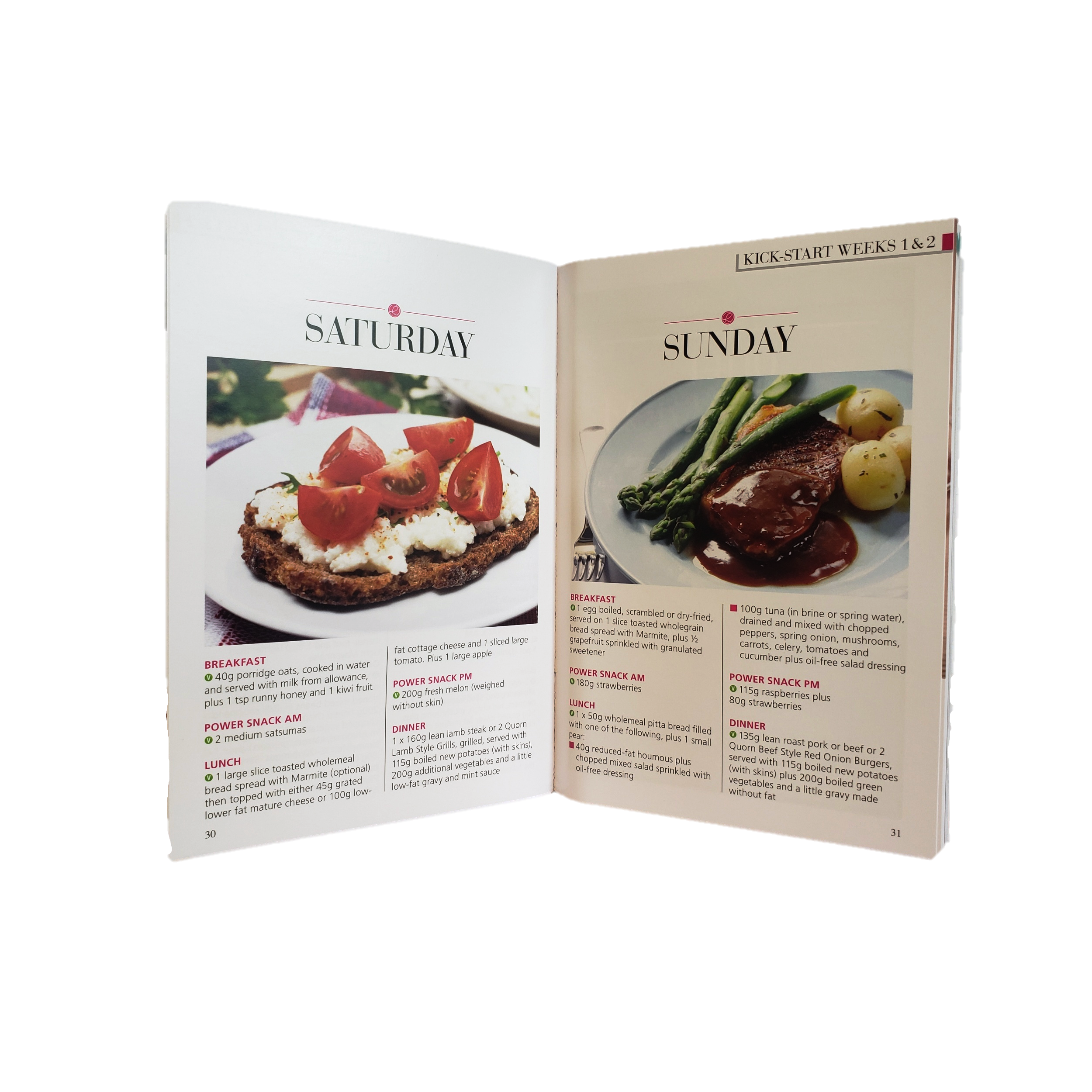 Inside pages of The Fat Attack Booster Plan showing the daily meal plans. The book was designed as the diet and fitness plan to be given out to members of Rosemary Conley Diet & Fitness classes in 2014.