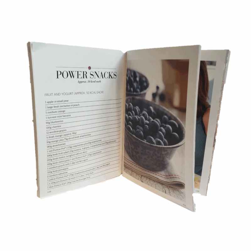 Inside pages of The Fat Attack Booster Plan showing Power Snacks. The book was designed as the diet and fitness plan to be given out to members of Rosemary Conley Diet & Fitness classes in 2014.