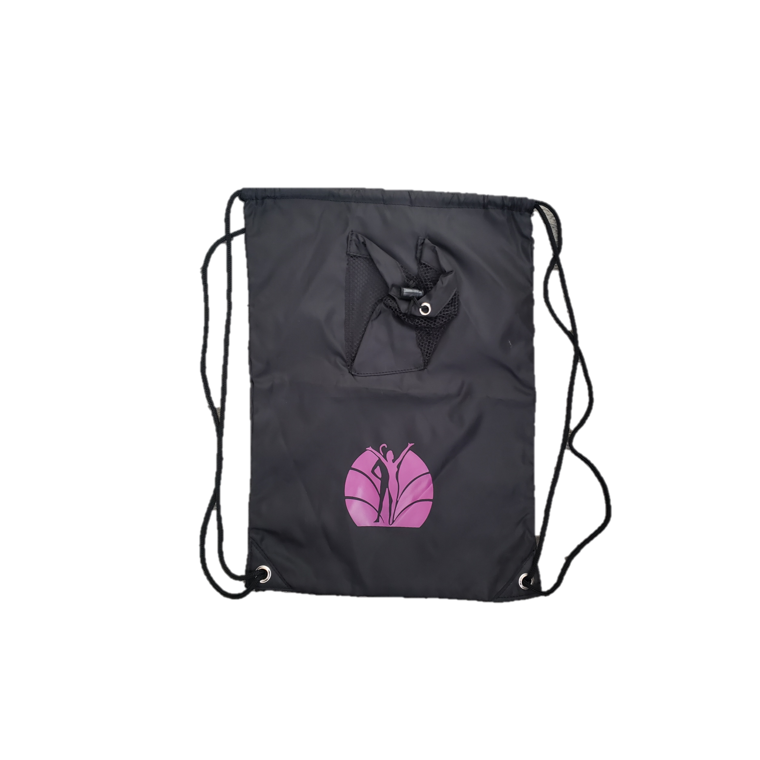 Black draw string Rosemary Conley Gym Bag with Bottle Holder with pink logo. Shown flat.
