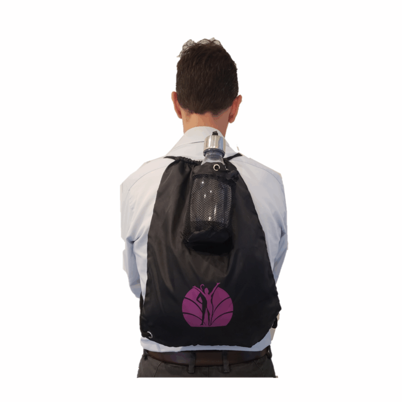 Black draw string Rosemary Conley Gym Bag with Bottle Holder with pink logo. Shown being worn as a backback over the shoulders