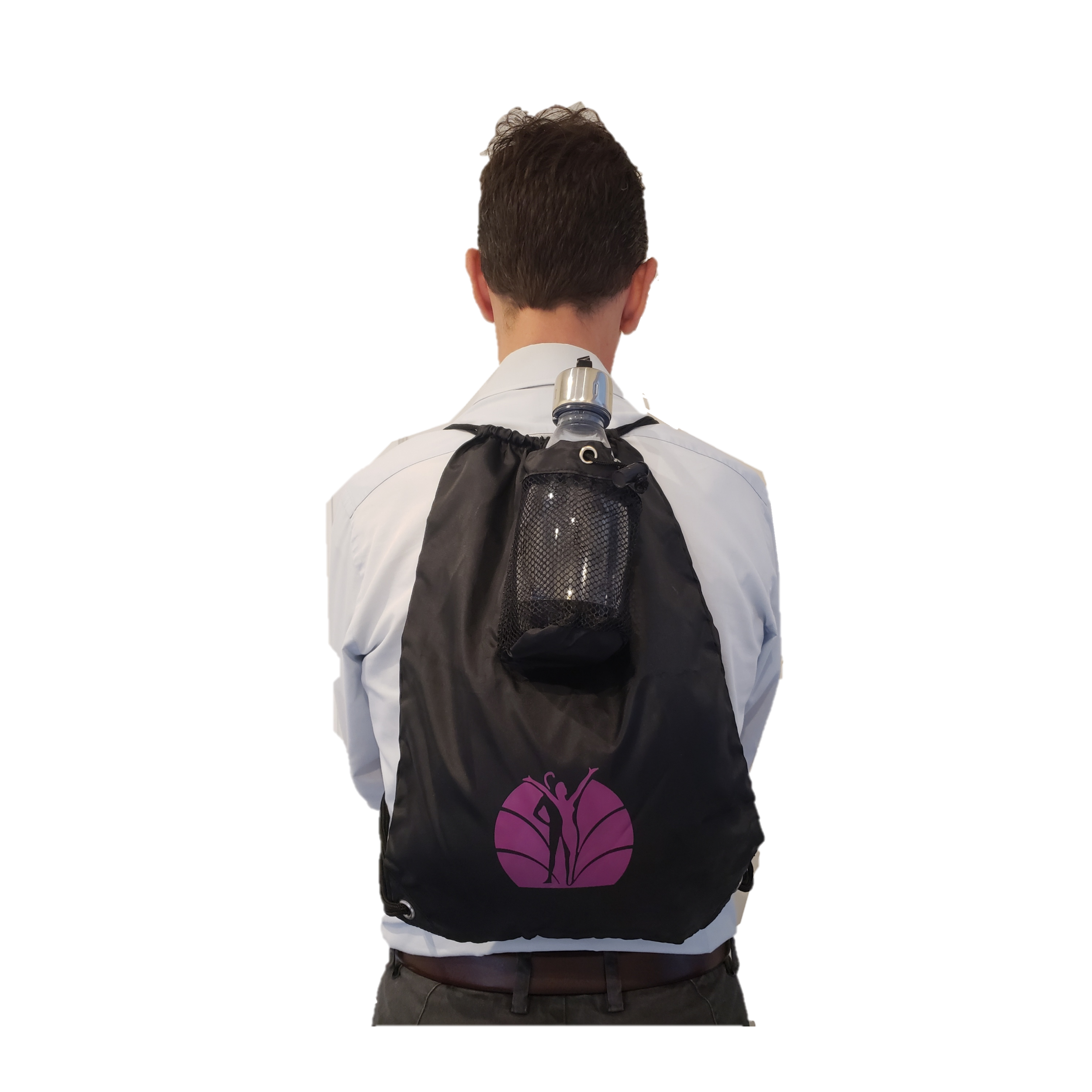 Black draw string Rosemary Conley Gym Bag with Bottle Holder with pink logo. Shown being worn as a backback over the shoulders