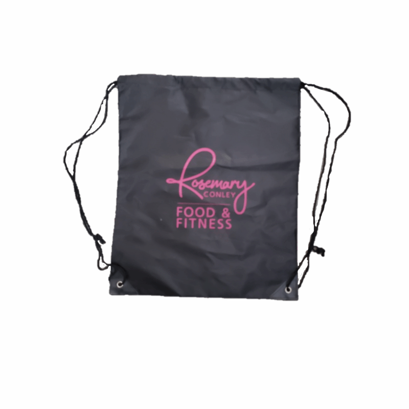Black draw string Rosemary Conley Food & Fitness Gym Bag with pink logo. Shown flat