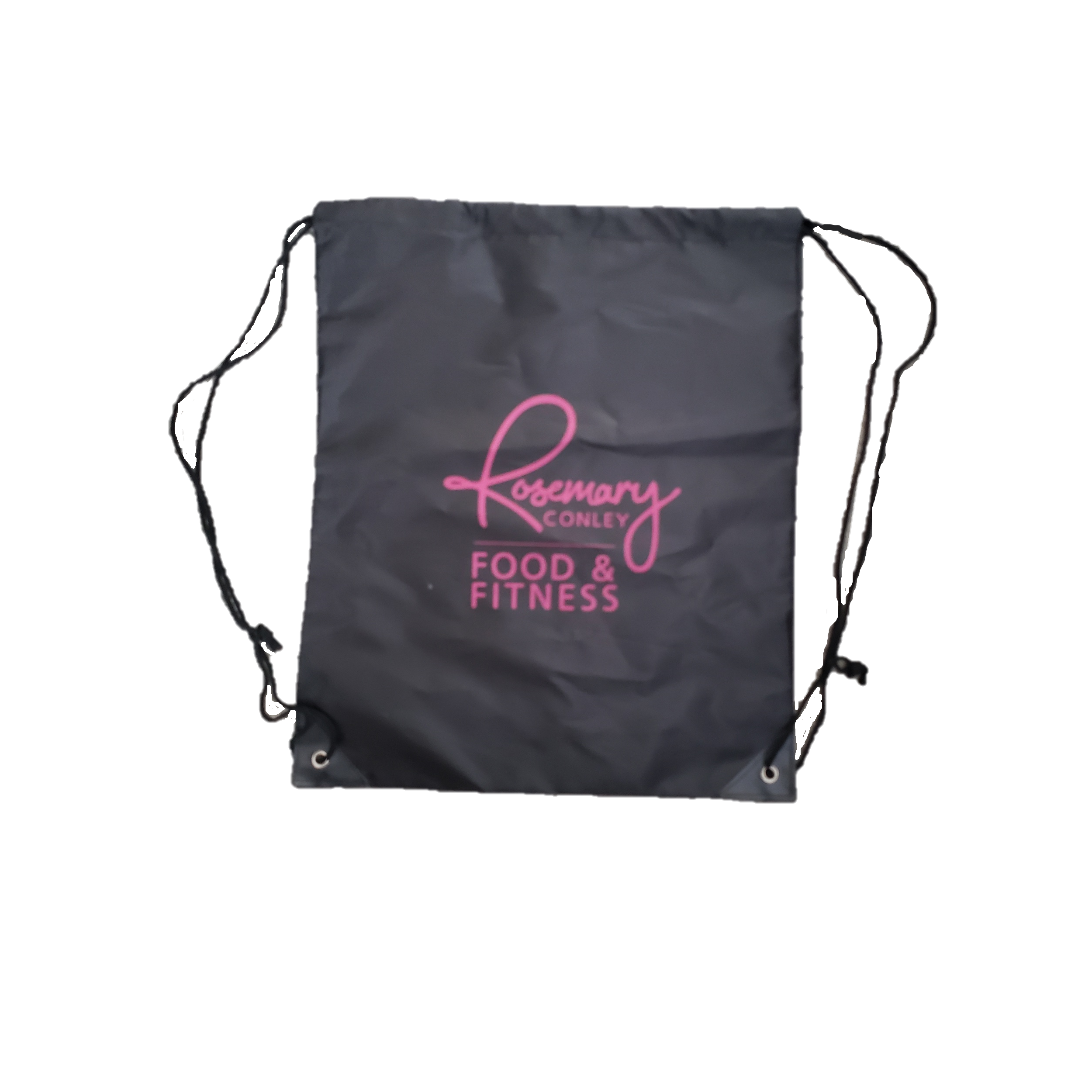 Black draw string Rosemary Conley Food & Fitness Gym Bag with pink logo. Shown flat