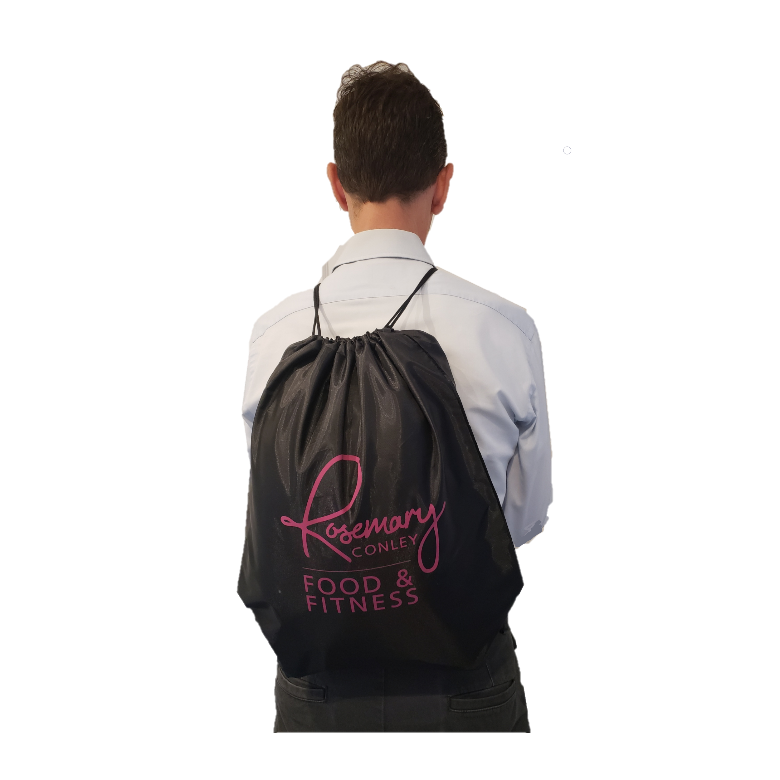 Black draw string Rosemary Conley Food & Fitness Gym Bag with pink logo. Shown being worn as a backback over the shoulders