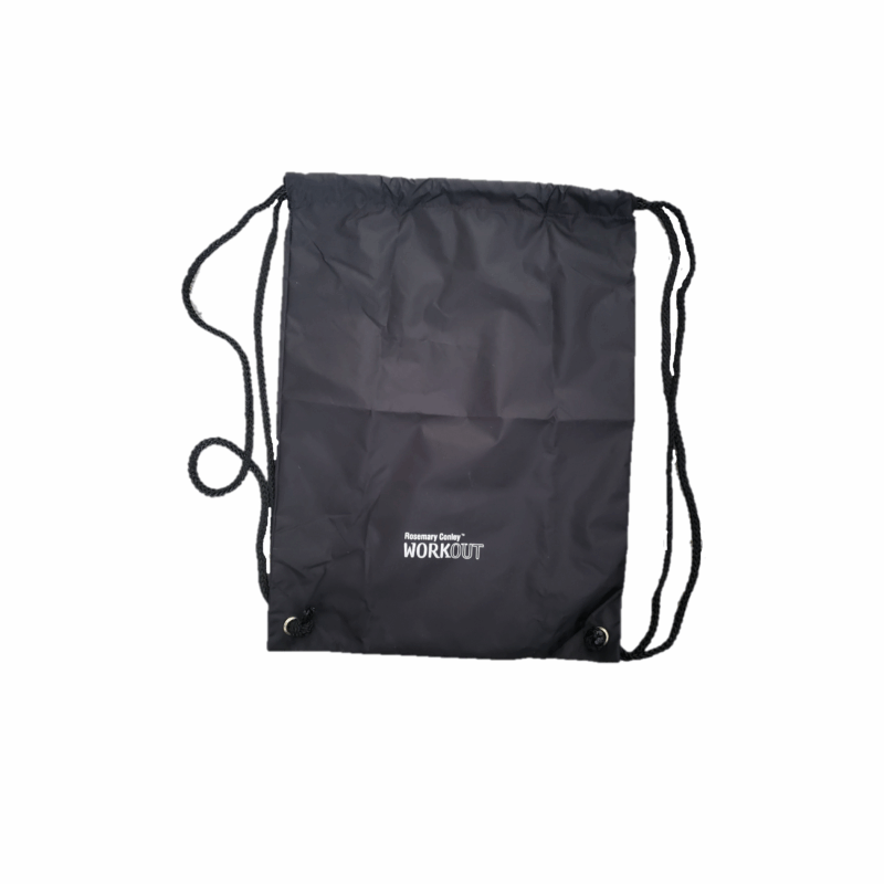 Black draw string Rosemary Conley Workout Gym Bag with white wording. Shown flat.