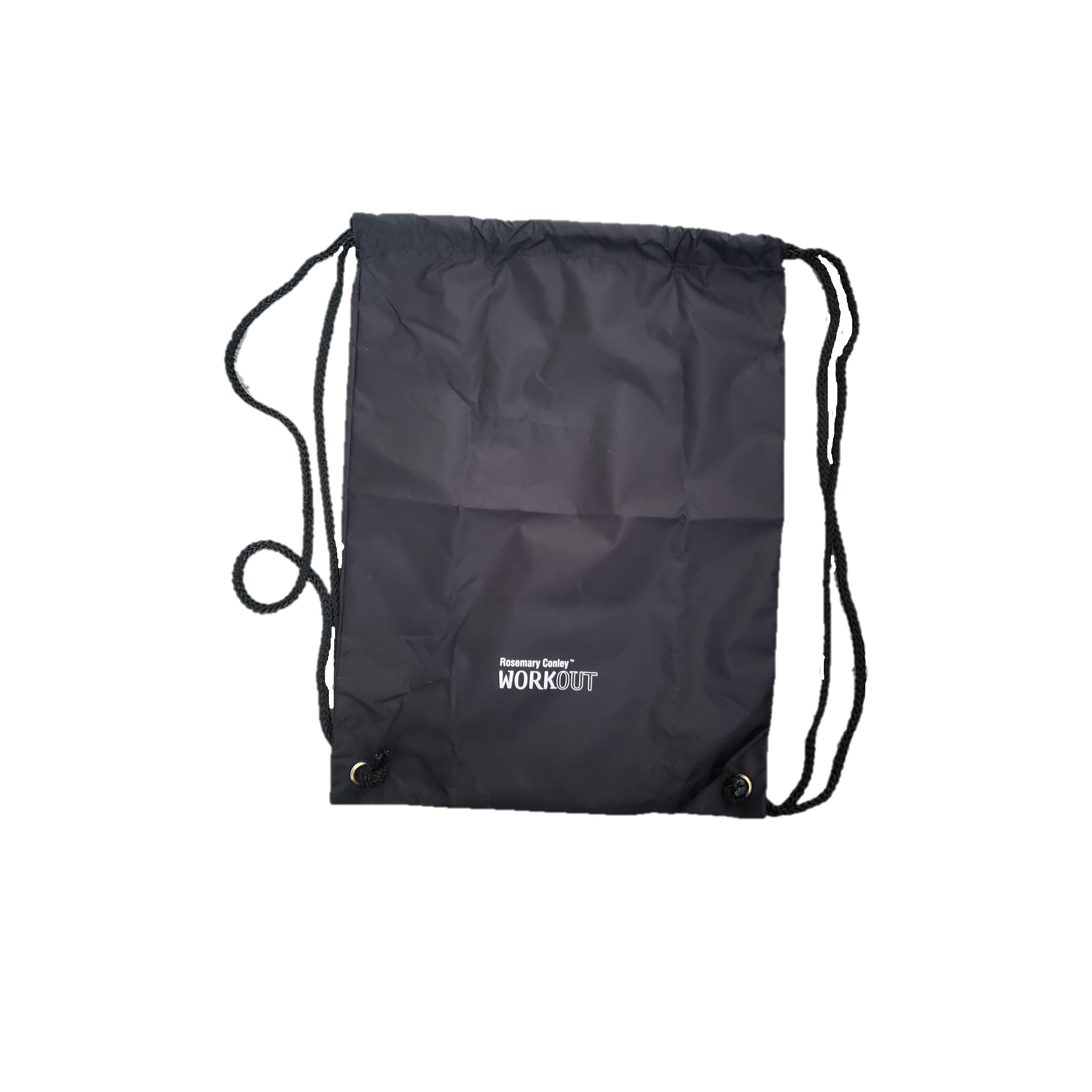 Black draw string Rosemary Conley Workout Gym Bag with white wording. Shown flat.