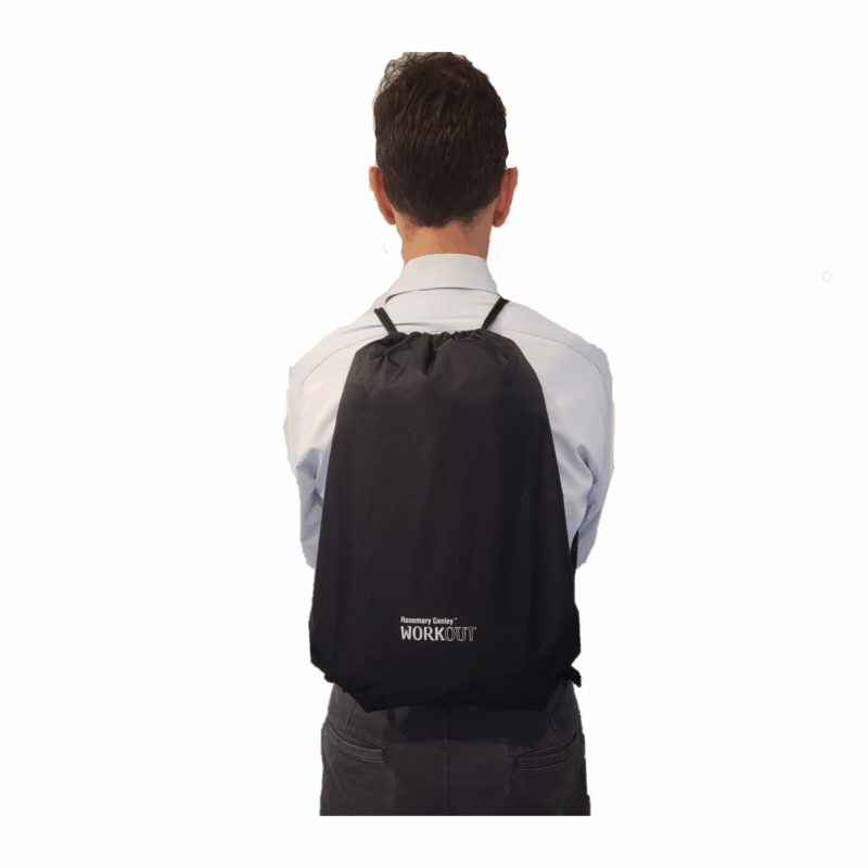 Black draw string Rosemary Conley Workout Gym Bag with white wording. Shown being worn as a backback over the shoulders