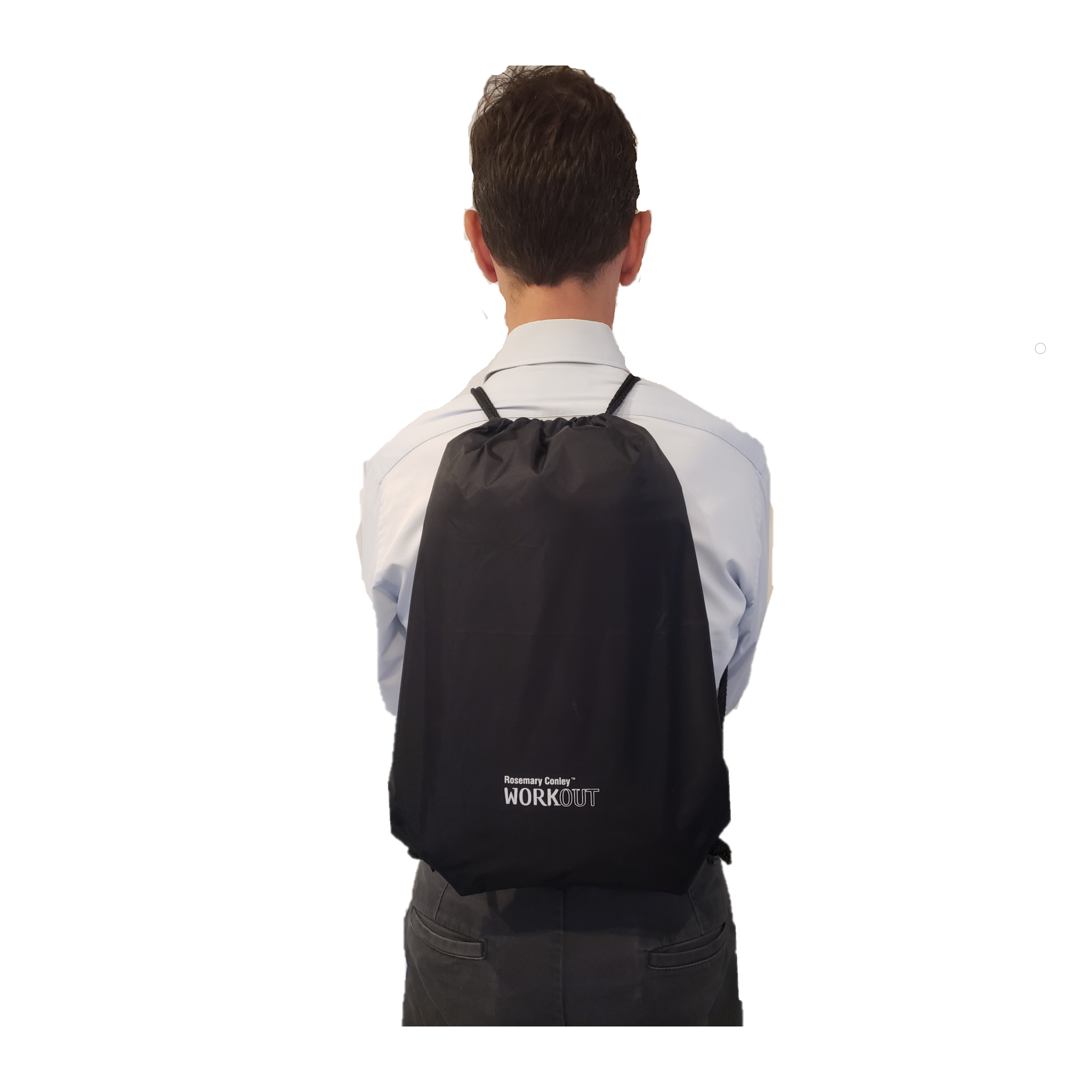 Black draw string Rosemary Conley Workout Gym Bag with white wording. Shown being worn as a backback over the shoulders