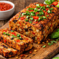 A loaf made with lentils and roasted vegetables baked and then cooled, sat on a chopping board. Garnished with basil it has a couple of thick slices cut allowing us to see the colourful interior made with onions, cougettes, aubergine peppers and tomatoes in the lentil and egg mix.