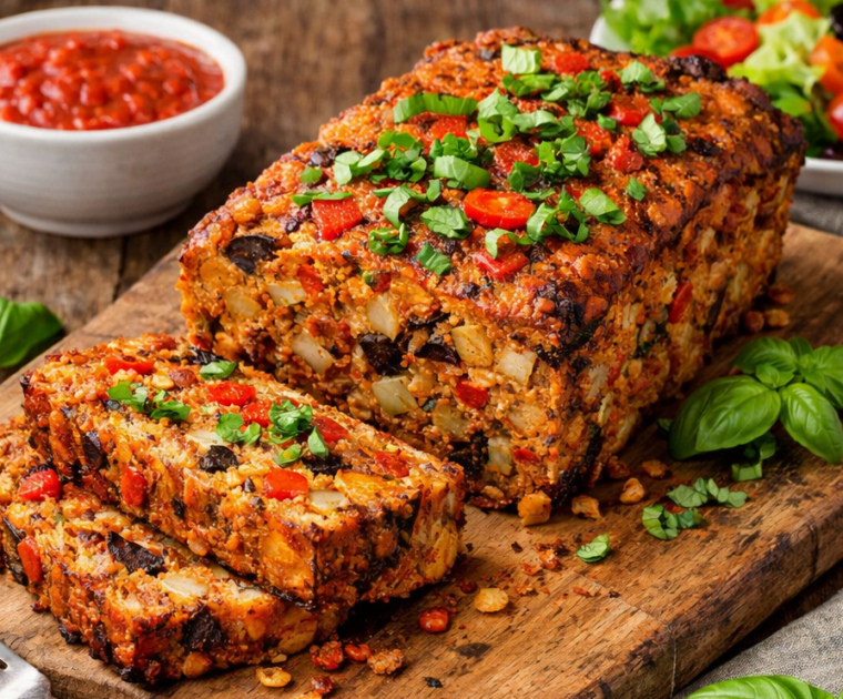 A loaf made with lentils and roasted vegetables baked and then cooled, sat on a chopping board. Garnished with basil it has a couple of thick slices cut allowing us to see the colourful interior made with onions, cougettes, aubergine peppers and tomatoes in the lentil and egg mix.