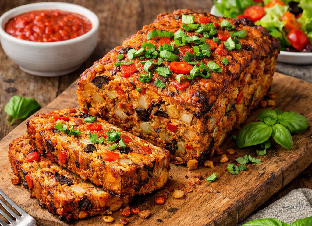 A loaf made with lentils and roasted vegetables baked and then cooled, sat on a chopping board. Garnished with basil it has a couple of thick slices cut allowing us to see the colourful interior made with onions, cougettes, aubergine peppers and tomatoes in the lentil and egg mix.
