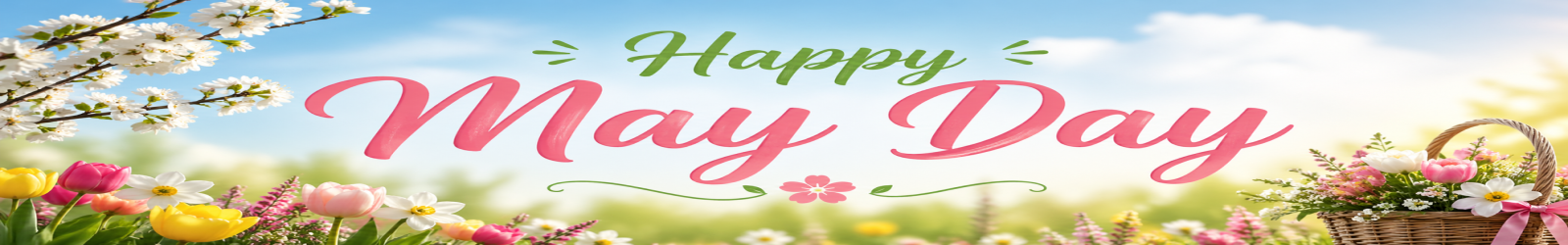 An image of a flower meadow bearing the wording Happy May Day