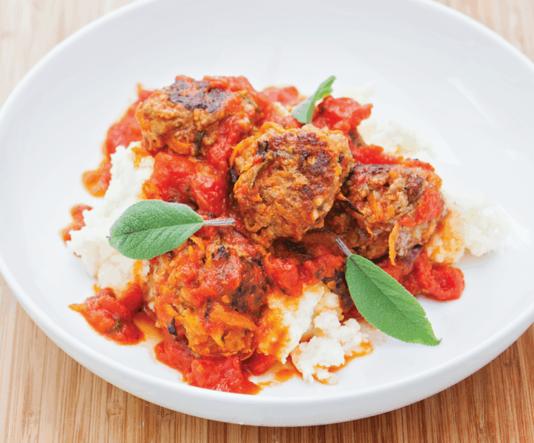 Pork, Carrot and Sage Meatballs are golfball sized meatballs made with added grated vegetables so they contain less meat. The recipe also includes a tasty sauce made with tomatoes, garlic and honey.