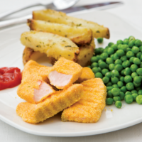 Salmon Fish Fingers are fingers of fresh oily fish coated in a polenta crumb and served with peas and chips.