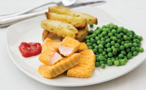 Salmon Fish Fingers are fingers of fresh oily fish coated in a polenta crumb and served with peas and chips.