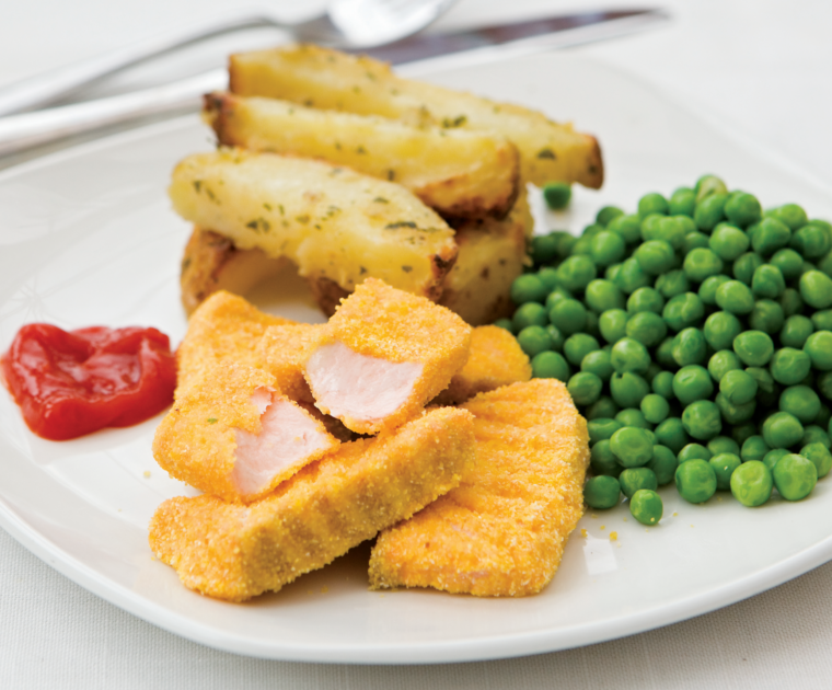 Salmon Fish Fingers are fingers of fresh oily fish coated in a polenta crumb and served with peas and chips.