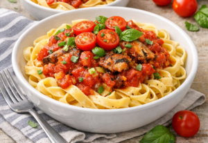A bowl full of tagliatelle past topped with a sauce made with sardines and tinned tomatoes with garlic and leek and garnished with fresh cherry tomatoes and basil.