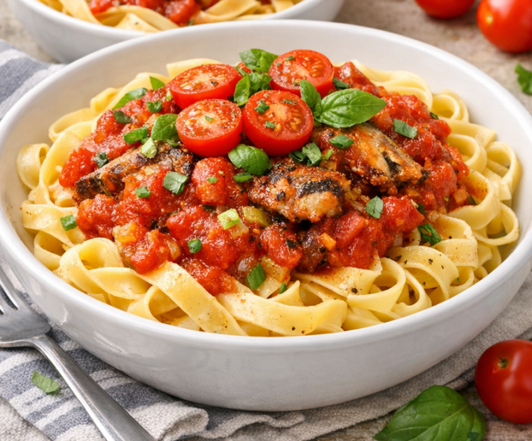 A bowl full of tagliatelle past topped with a sauce made with sardines and tinned tomatoes with garlic and leek and garnished with fresh cherry tomatoes and basil.