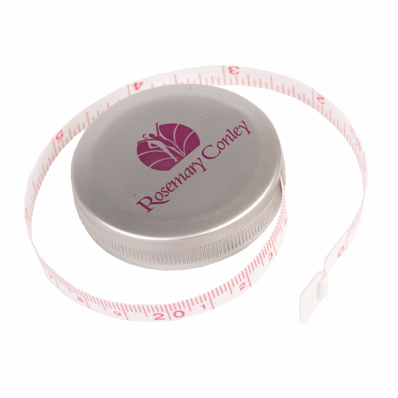 A retractable personal tape measure showing the flexible tape pulled out of the silver case