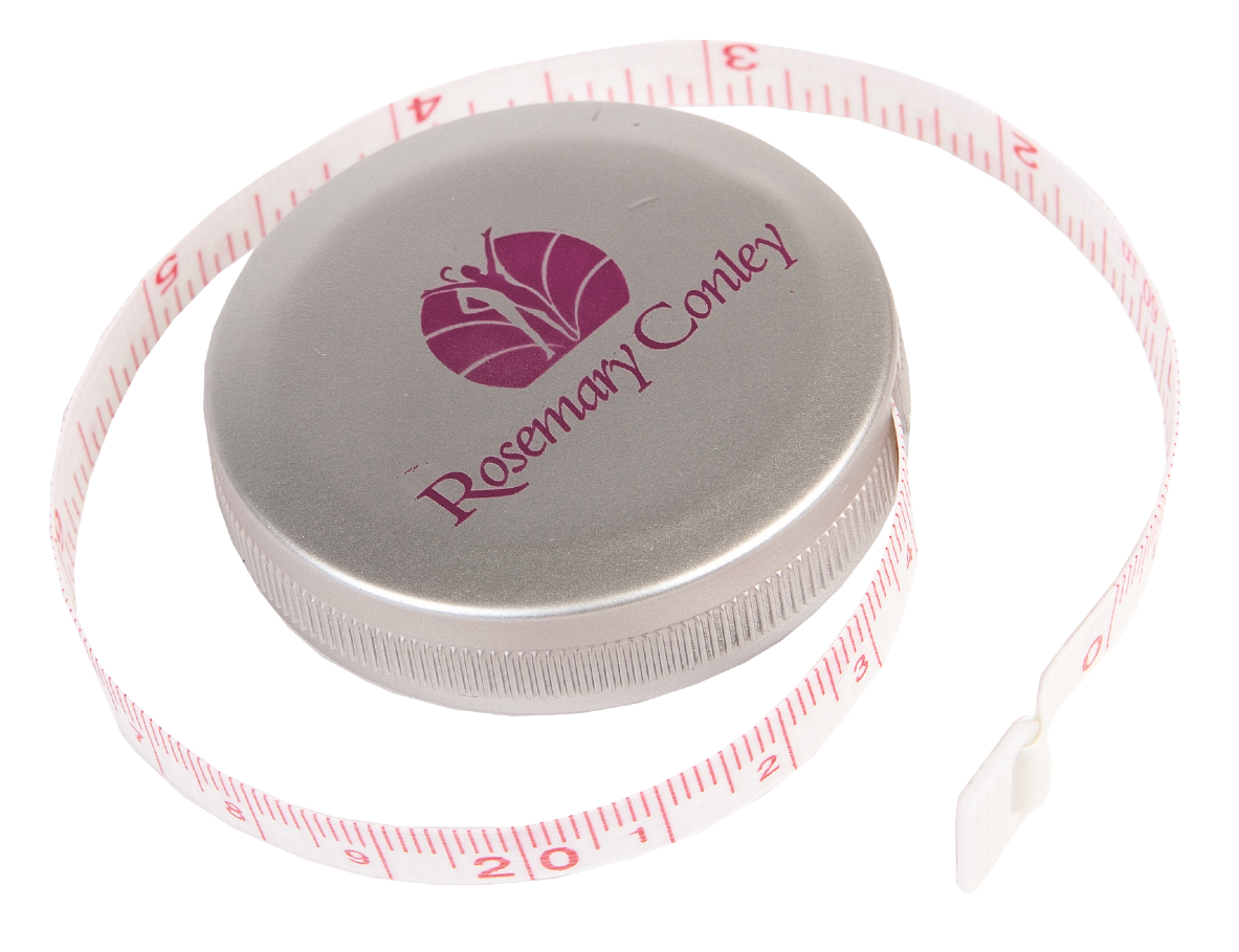 A retractable personal tape measure showing the flexible tape pulled out of the silver case