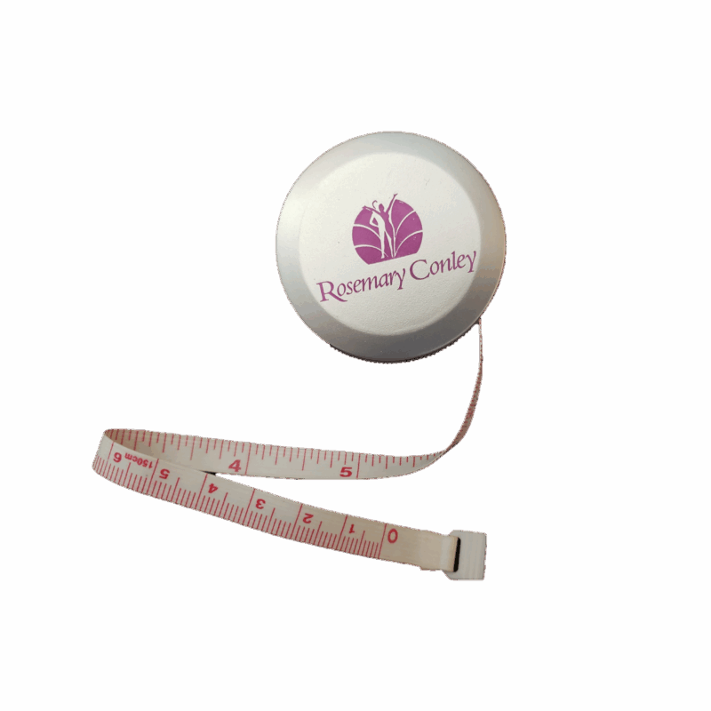 A retractable personal tape measure showing the flexible tape pulled out of the silver case