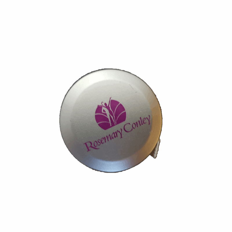 A retractable personal tape measure showing the round silver case containing the tape with Rosemary Conley and logo in pink