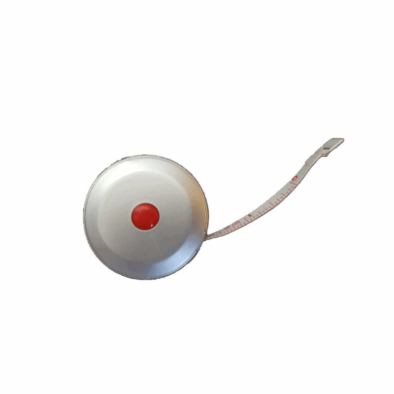 A retractable personal tape measure showing the flexible tape pulled out of the silver case. This image is of the rear of the case showing the red button pressed to retract the tape after use