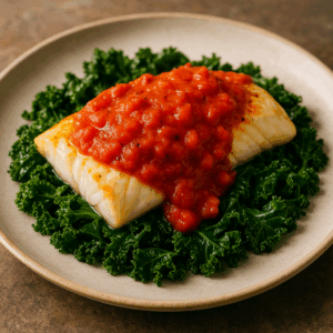 a pice of baked haddock sitting on a bed of kale topped with a rich tomato sauce made with tomatoes, leeks, white wine and ginger.