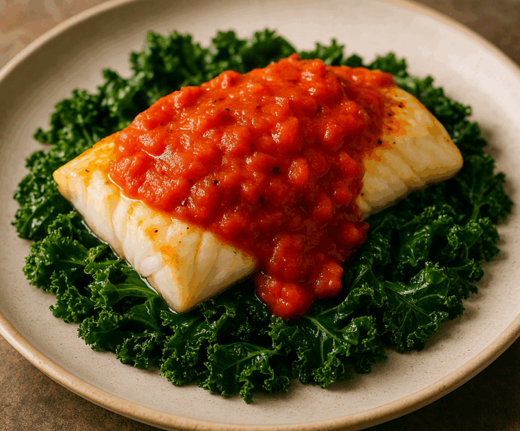 a pice of baked haddock sitting on a bed of kale topped with a rich tomato sauce made with tomatoes, leeks, white wine and ginger.