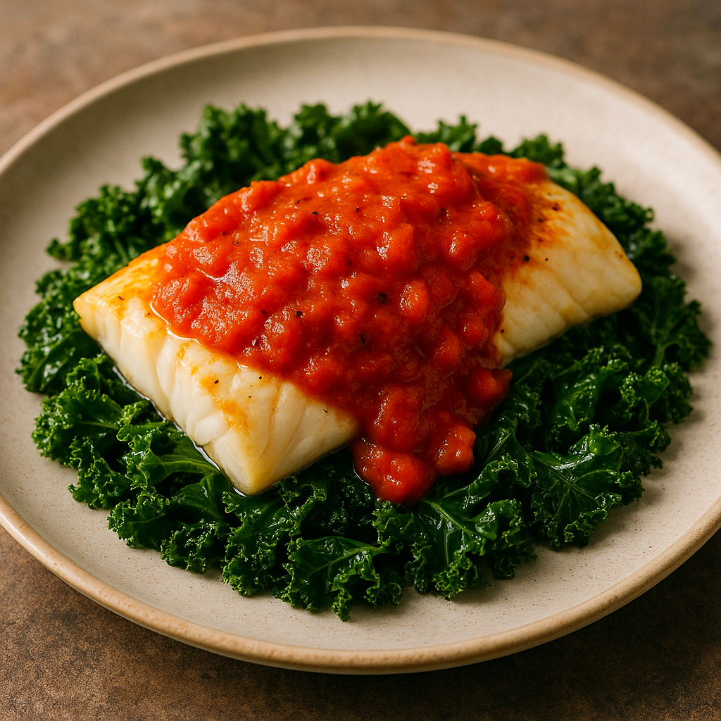 a pice of baked haddock sitting on a bed of kale topped with a rich tomato sauce made with tomatoes, leeks, white wine and ginger.