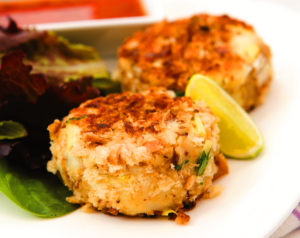 Smoked Mackerel Fishcakes served with lettuce and a lemon wedge