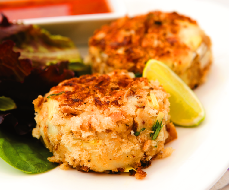 Smoked Mackerel Fishcakes served with lettuce and a lemon wedge