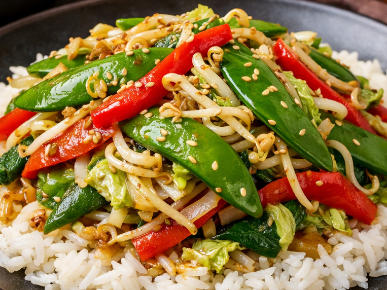 Stir-fried mange tout, red peppers, onion, Chinese cabbage and beansprouts with basmati rice dressed with a sesame and ginger marinade