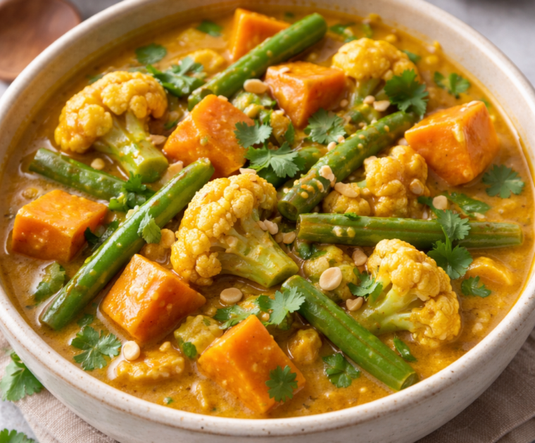 A bowl full of Sweet Potato, Green Bean and Cauliflower Curry showing these three main ingredients in a rich creamy looking tomato based sauce