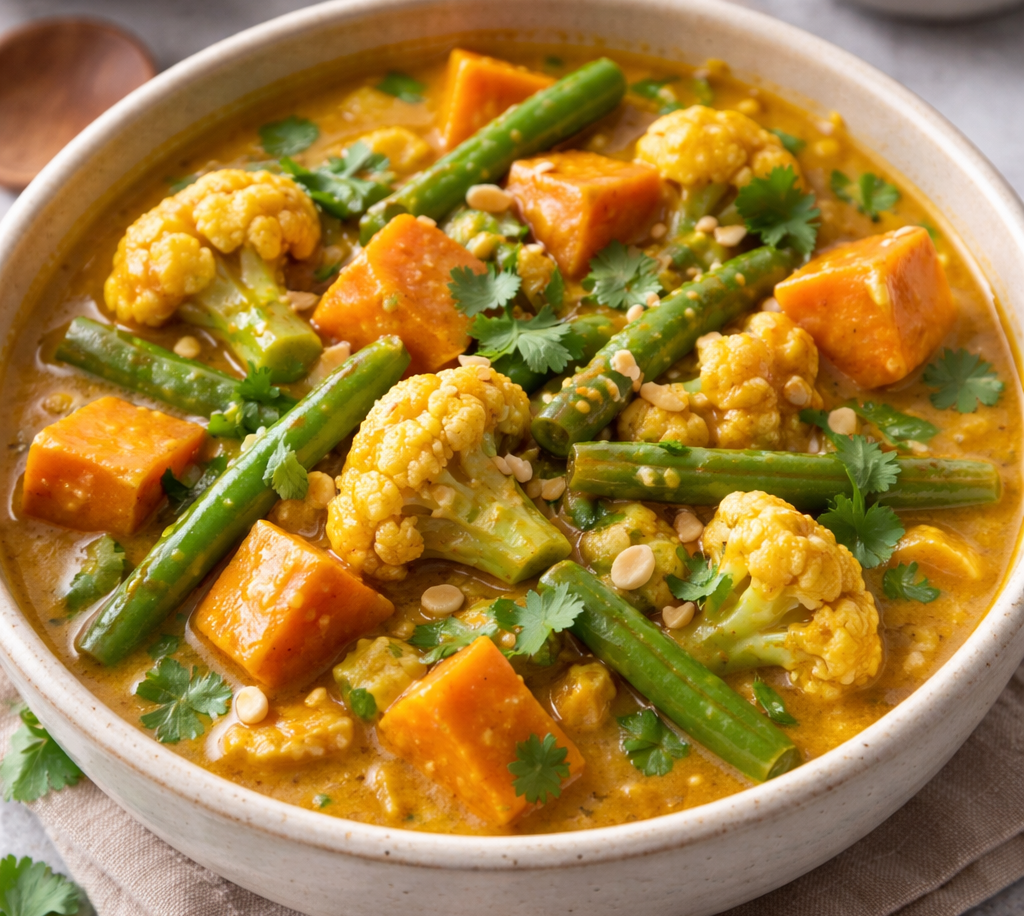 A bowl full of Sweet Potato, Green Bean and Cauliflower Curry showing these three main ingredients in a rich creamy looking tomato based sauce