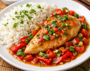 Thai Sweet Chilli Chicken - a succulent chicken breast in a suace of seet chilli sauce with peppers, tomatoes,herbs and spices, garnished with chopped coriander and served with fluffy white Basmati rice