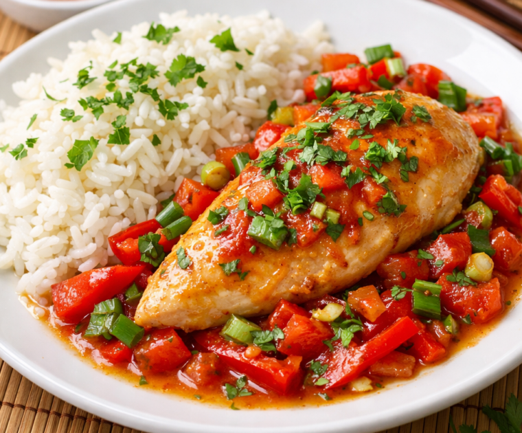 Thai Sweet Chilli Chicken - a succulent chicken breast in a suace of seet chilli sauce with peppers, tomatoes,herbs and spices, garnished with chopped coriander and served with fluffy white Basmati rice