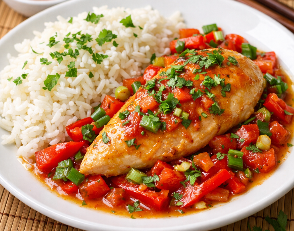 Thai Sweet Chilli Chicken - a succulent chicken breast in a suace of seet chilli sauce with peppers, tomatoes,herbs and spices, garnished with chopped coriander and served with fluffy white Basmati rice