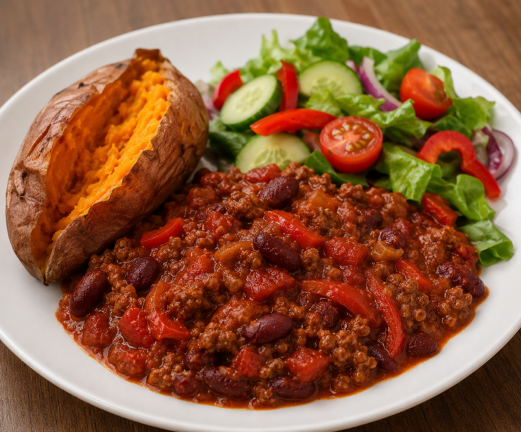 Spicy Beef with Beans and Tomatoes is a variation of Chilli-con-Carne, served with a jacket sweet=potato and a side-salad