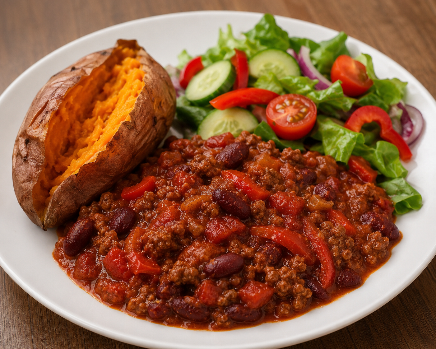Spicy Beef with Beans and Tomatoes is a variation of Chilli-con-Carne, served with a jacket sweet=potato and a side-salad