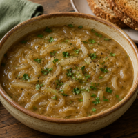 A bowl of low-fat French Onion Soup