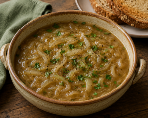 A bowl of low-fat French Onion Soup