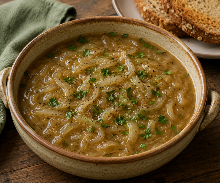 A bowl of low-fat French Onion Soup