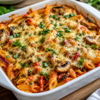 Mushroom Pasta Bake topped with melted cheese